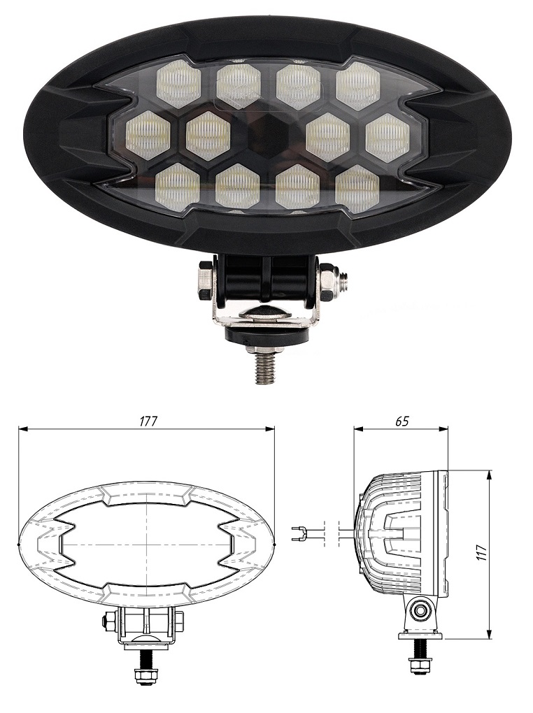 Světlomet pracovní 12V/24V 26W 12xLED Raptor L/P 2500lm/rozptýlené, kabel 1,5m
