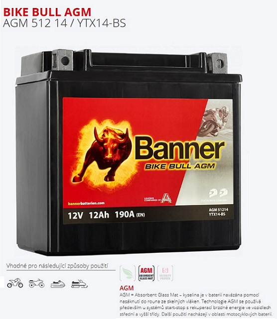 Motobaterie BANNER  12Ah/190A YTX14-BS Bike Bull AGM /150x87x147/