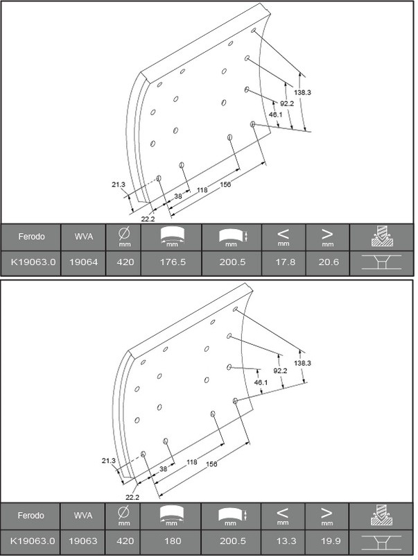 Obložení brzdové 19063,19064 Textar 200x420 ZN DAF  95XF, 95XF, 65CF, 75CF,85CF