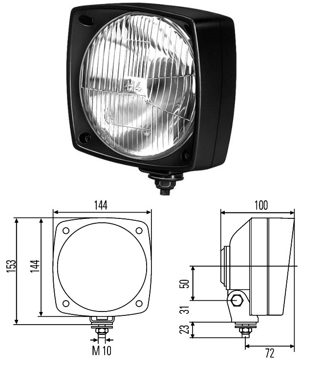 Světlomet přídavný univerzální 144x153 12V/24V L/P /H4,T4W/ LIEBHERR, MANITOU