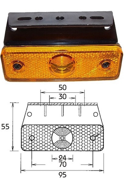 Svítilna poziční LED oranžová s odrazkou a držákem 90° FLATPOINT 24V/1,3W 95x55x74,3 
