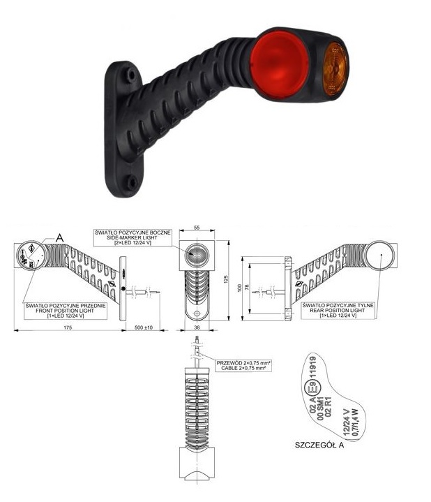 Svítilna poziční - tykadlo P 12V/24V 0,7/1,4W 4xLED č/b/o, kabel 0,5m