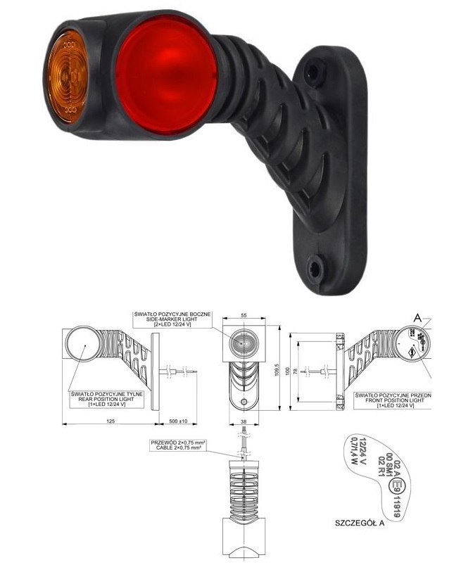 Svítilna poziční - tykadlo L 12V/24V LED č/b/o krátká, kabel 0,5m