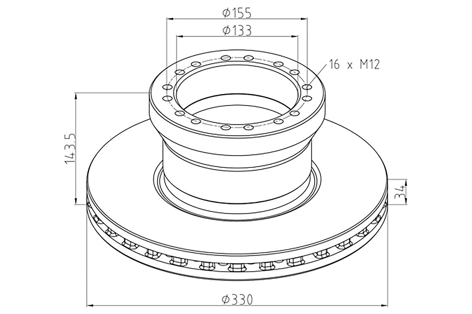 Kotouč brzdový s kroužkem ABS 330x34x143,5 PN DAF LF45 