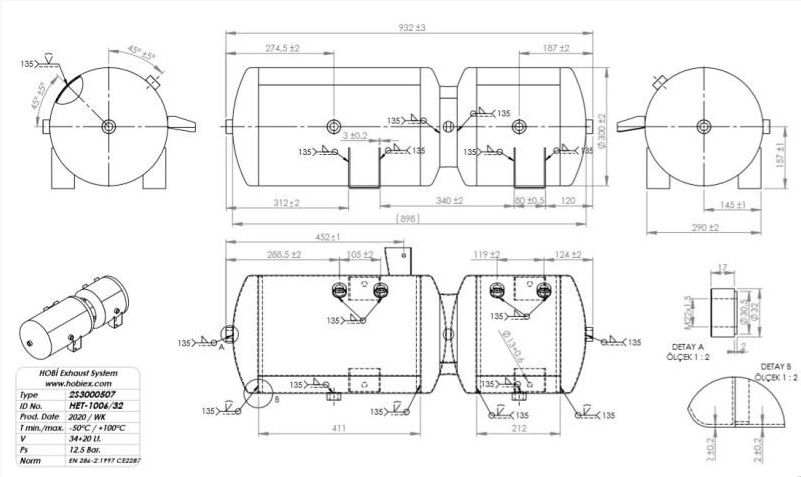 Vzduchojem dvojitý 20 l + 34 l / 932x300 12,5bar DAF XF105, CF85, CF95 Euro 4/5