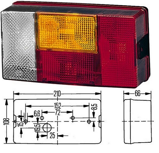 Svítilna zadní 12V/24V 4-dílná L /směrová, brzdová, couvací, koncová/ 210x108
