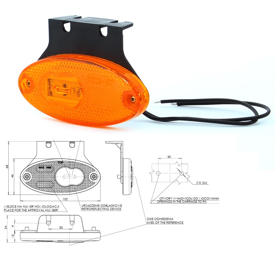 Svitilna poziční 12V/24V LED oranžová s odrazkou a držákem, kabel 0,22m 