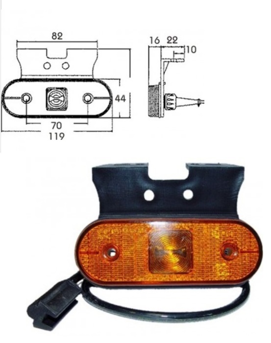Svítilna poziční UNIPOINT 24V/1,3W LED oranžová s držákem, kabel 1,5m se zástrčkou 