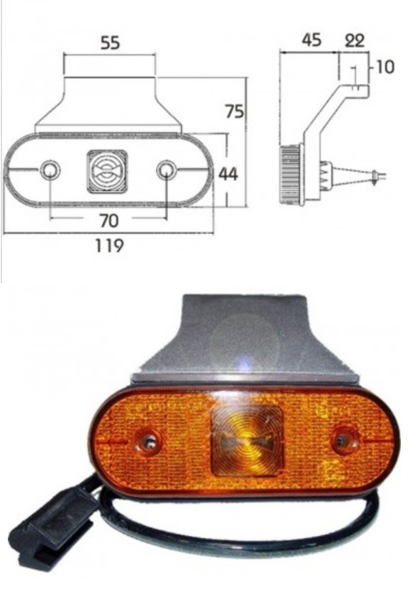 Svítilna poziční UNIPOINT 24V/119x44 1,3W LED oranžová s kabelem 0,5m