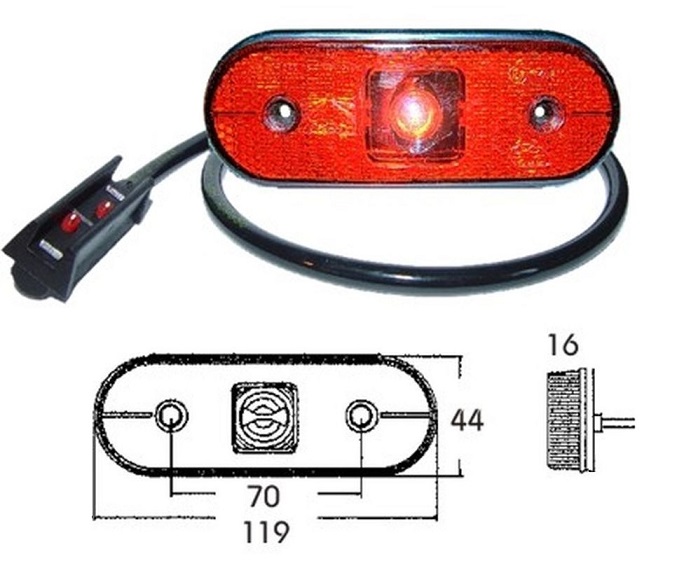 Svítilna poziční UNIPOINT 24V/119x44x16 1,3W LED červená s kabelem 0,5m a konektorem