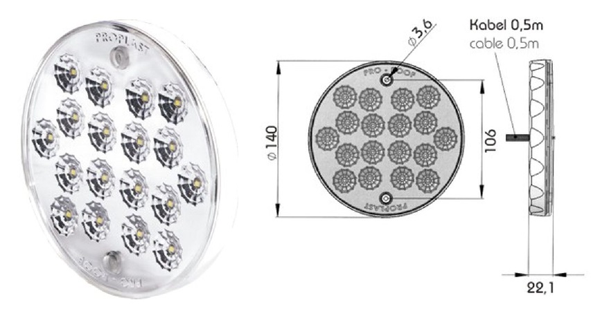 Svítilna interiéru kabiny bílá 24V/2,5W 140x22,1 /18xLED IP6K9K s kabelem 0,5m a krytem