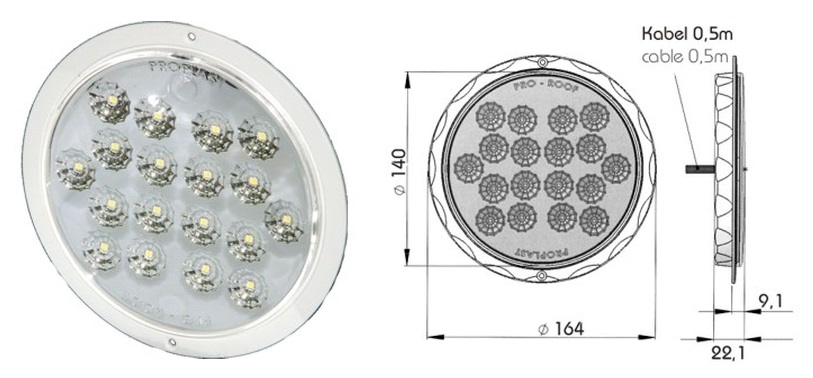 Svítilna interiéru kabiny bílá 24V/2,5W 164x22,1 /18xLED IP6K9K zapuštěná, kabel 0,5m