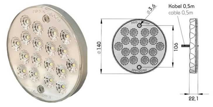 Svítilna interiéru kabiny šedá 24V/7,5W 140x22,1 /18xLED IP6K9K s kabelem 0,5m a krytem