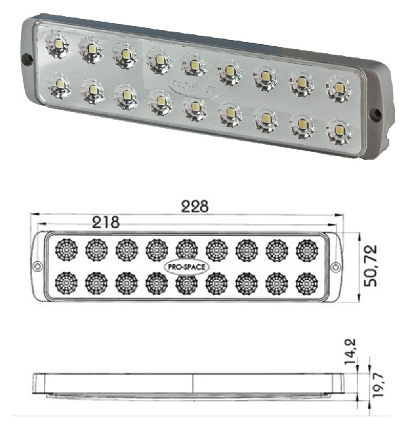 Svítilna interiéru kabiny šedá 24V/8W 228x51x19,7 /18xLED IP6K9K s kabelem 0,5m a krytem