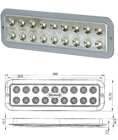 Svítilna interiéru kabiny šedá 24V/8W 228x71x12,2 /18xLED IP6K9K zapuštěná, kabel 0,5m