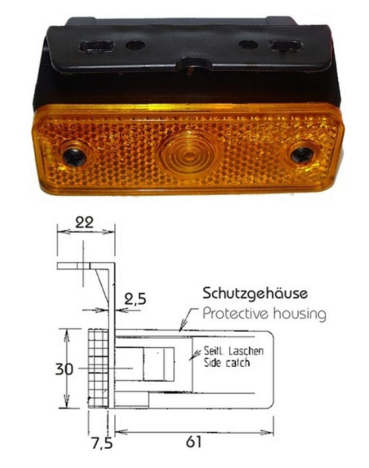 Svítilna poziční 12V/24V Ba9s/T4W ADR 95x55x68,5 oranžová s držákem 90°, univerzální