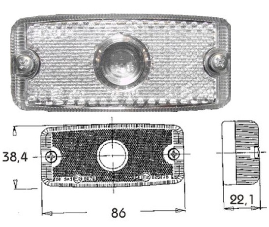 Svítilna poziční boční 12V/24V SV8,5/C5W 86x38,4x22,1 bílá s odrazkou, bez držáku