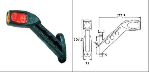 Svítilna poziční 45° L 24V Ba9s/T4W 177,5x163,8x35 č/b/o s kabelem 0,5m