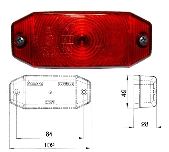 Svítilna poziční boční/koncová 12V/24V SV 8,5/C5W 102x42x28 červená