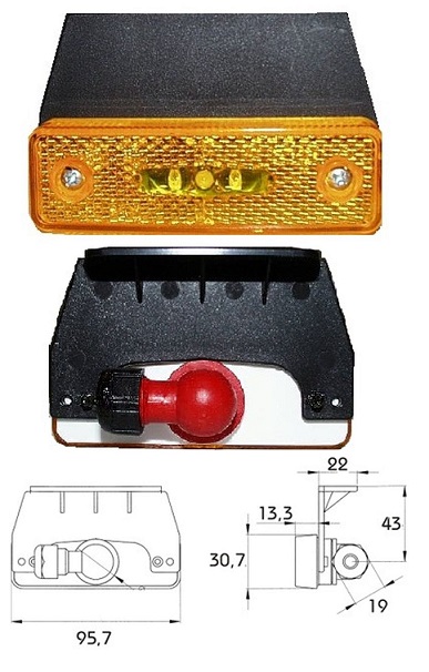 Svítilna poziční boční 12V/0,8W 95,7x58x41 LED s držákem 90°, bez kabelu