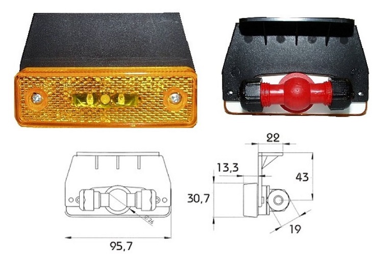 Svítilna poziční boční 12V/0,8W 95,7x58x41 LED oranžová s držákem