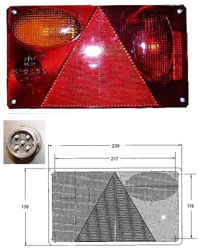 Svítilna zadní 12V/139x59x239 L s trojúhelníkem, 5-pin zásuvka