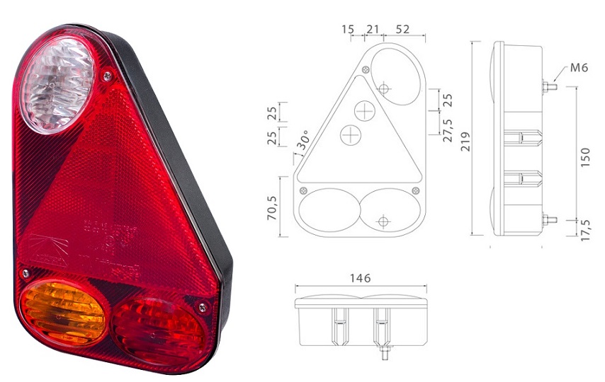 Svítilna zadní EARPOINT III /ASPÖCK P se zpětným světlem a trojúhelníkem 