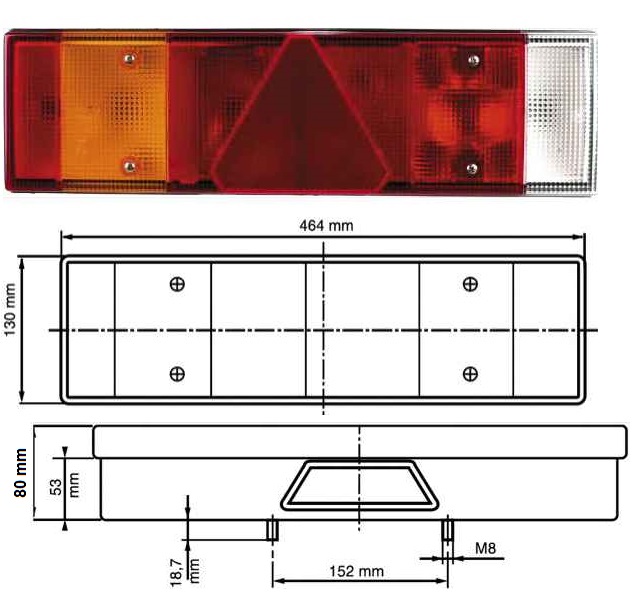 Svítilna zadní 12V/24V 130x83x464 L s trojúhelníkem