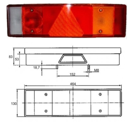 Svítilna zadní 5-dílná 464x130 P s trojúhelníkem/osvětlení SPZ IP54/ADR/GGVS