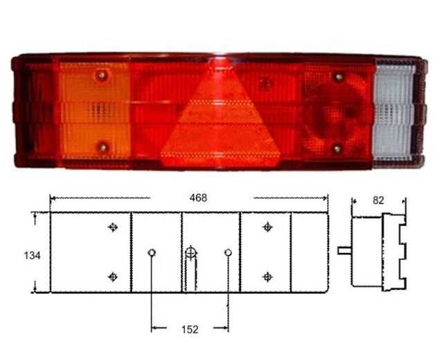 Svítilna zadní 24V/134x82x468 L s trojúhelníkem, 5-pin zásuvka