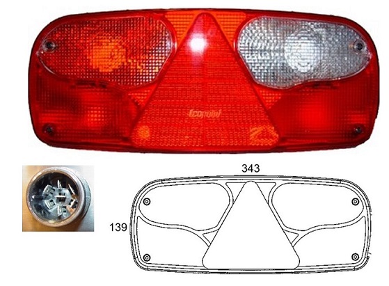 Svítilna zadní ECOPOINT 24V/139x78x343 L s trojúhelníkem, 7pin zásuvka