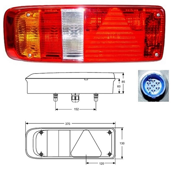 Svítilna zadní L UNIVERSAL 5-dílná 370x130x84,6 s trojúhelníkem a zásuvkou