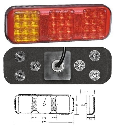 Svítilna zadní PRO-42, 9V/33V 3-dílná L/P LED s kabelem 0,5m