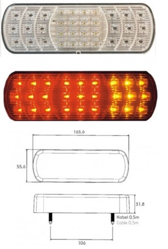 Svítilna zadní 3-dílná 12V/24V 164x55x32 L/P LED s kabelem 0,5m