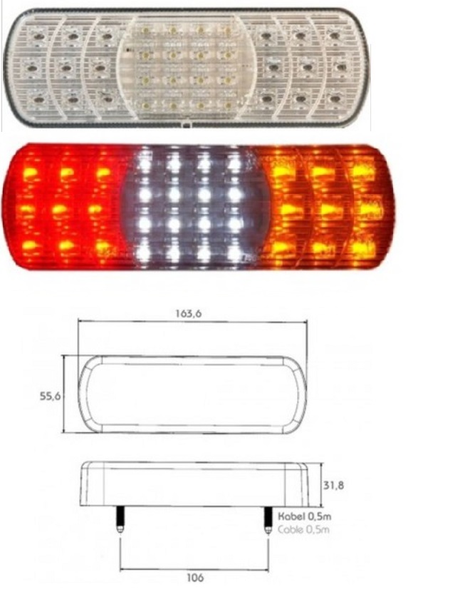 Svítilna zadní 3-dílná 12V/24V 164x55x32 L/P LED osvětlení SPZ s kabelem 0,5m
