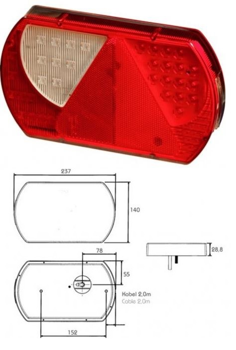 Svítilna zadní PRO-LANE L 12V/24V LED s osvětlením SPZ, trojúhelník, kabel 5-pin/2m