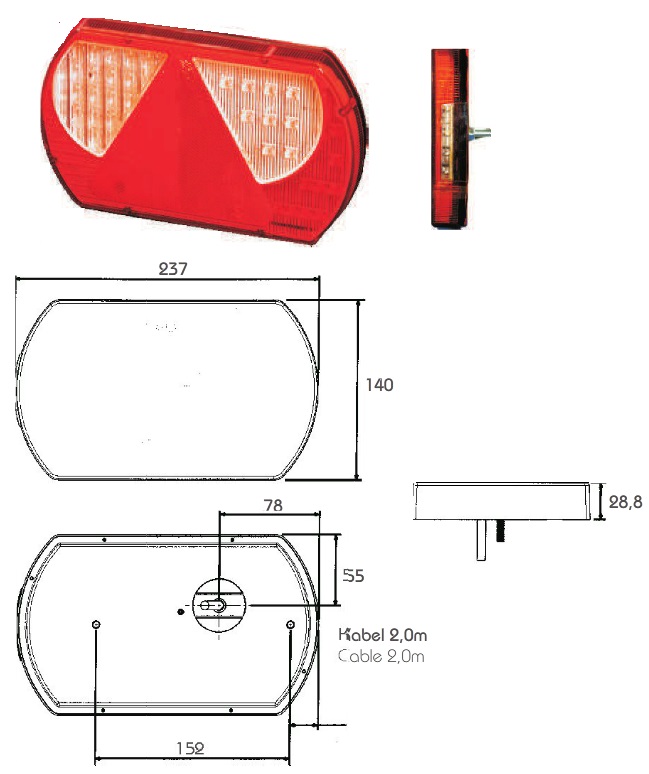 Svítilna zadní PRO-LANE P 12V/24V LED bez osvětlení SPZ, trojúhelník, kabel 5-pin/2m