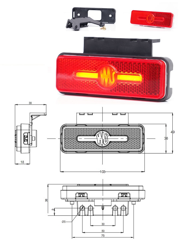 Svítilna poziční s odrazkou 12V/24V LED červená, závěsná s držákem 90°, kabel 24 cm