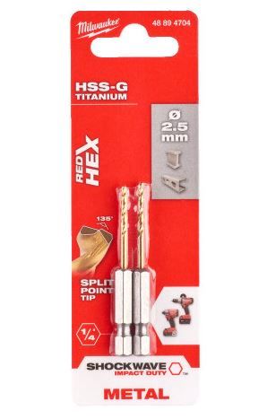 Vrták na kov RED HEX HSS-G TiN pr. 2,5mm - sada 2 ks, pro rázové utahováky
