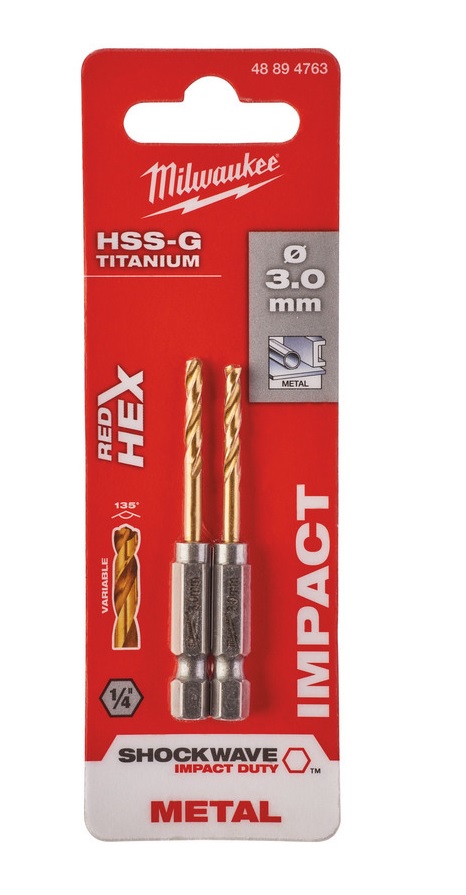 Vrták na kov RED HEX HSS-G TiN pr. 4,0mm - sada 2 ks, pro rázové utahováky