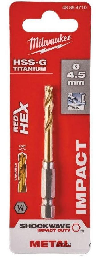 Vrták na kov RED HEX HSS-G TiN pr. 4,5mm, pro rázové utahováky