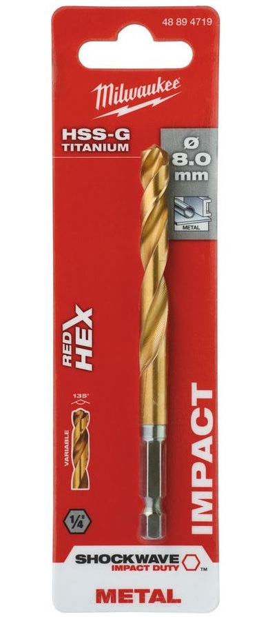 Vrták na kov RED HEX HSS-G TiN pr. 8,0mm, pro rázové utahováky