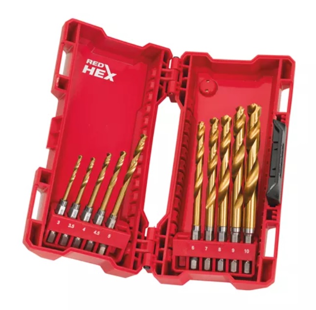 Vrták na kov - sada 3/ 3,5/ 4/ 4,5/ 5/ 6/ 7/ 8/ 9/ 10 10 ks HSS-G TiN / RED HEX DIN 338