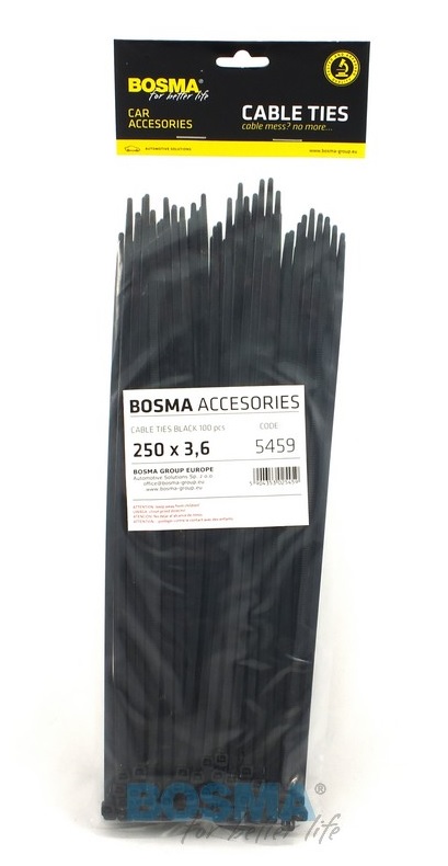 Páska stahovací plastová  250x3,6mm černá - 100 ks