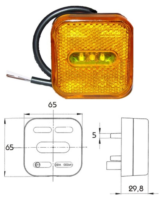 Svítilna poziční 24V 65x65x30 LED oranžová s odrazkou a kabelem 0,5m MAN