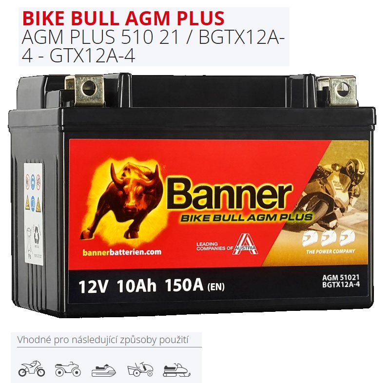 Motobaterie BANNER  12Ah/150A BGTX12A-4 - GTX12A-4 Bike Bull AGM Plus /150x88x105/