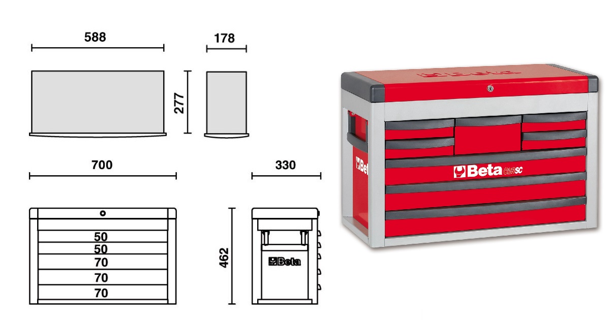 Skříň nářadí přenosná - 8 zásuvek 700x330x462 červená C23SCR BETA 