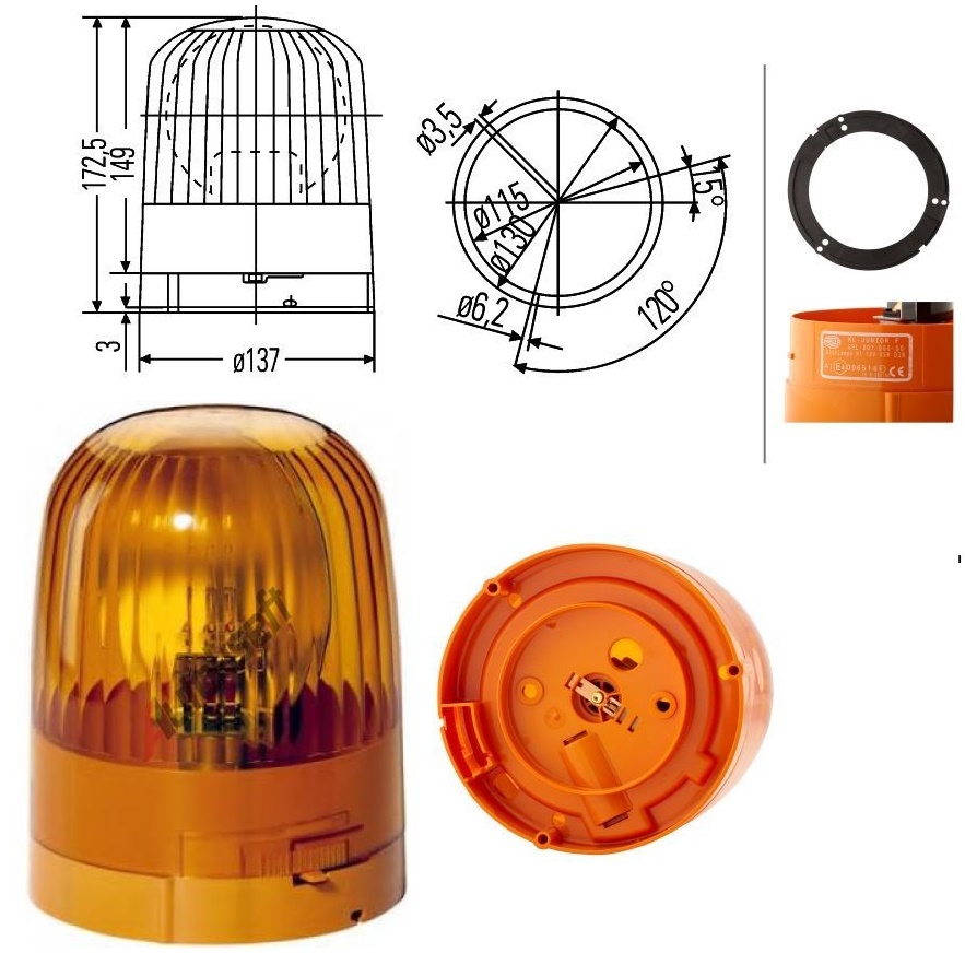 Maják výstražný rotační 12V/36V JUNIOR H1 oranžový malý, pevná montáž