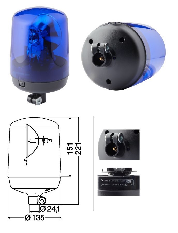 Maják výstražný rotační 24V/H1 KL 7000 modrý pr.135x221 , na tyč