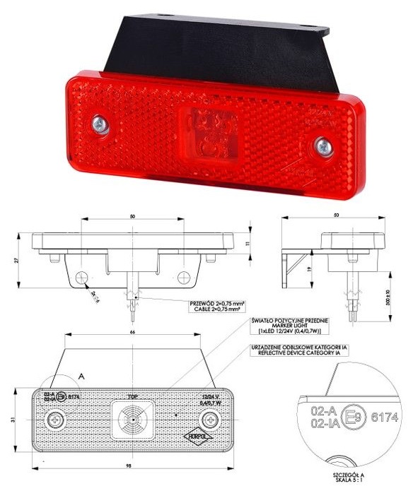 Svítilna poziční 12V/24V 0,4/0,7W 3xLED s odrazkou, červená, držák 90°, kabel 0,3m